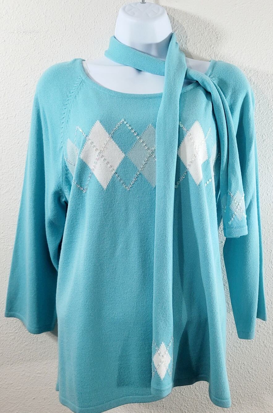 RQT Blue White Argyle Print Sequin Sweater Top XL Lightweight Raglan Sleeves